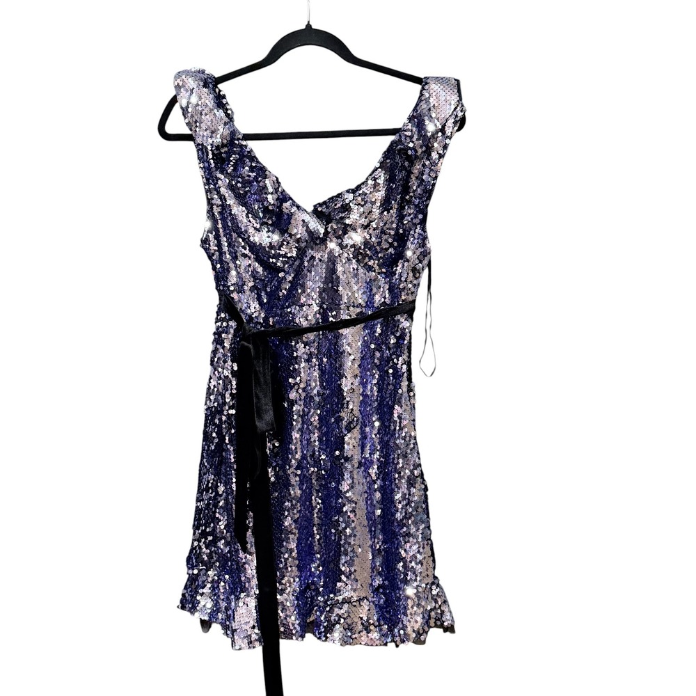 Free People Silver Blue Sequin Mini Dress V-Neck Open Back Ruffle Size 0 NEW - Picture 2 of 8